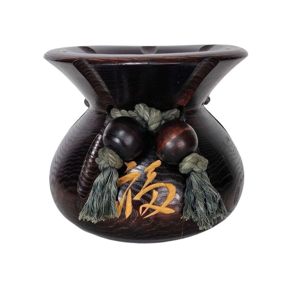 Vintage Blessing Bag Vase Solid Wood Alter Incense Offering Bowl Pot Cauldron